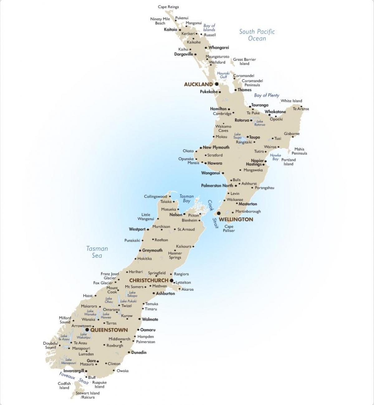карта Новой Зеландии с крупных городов